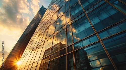 Modern office building or business center. High-rise window buildings made of glass reflect the clouds and the sunset. empty street outside wall modernity civilization. growing up business