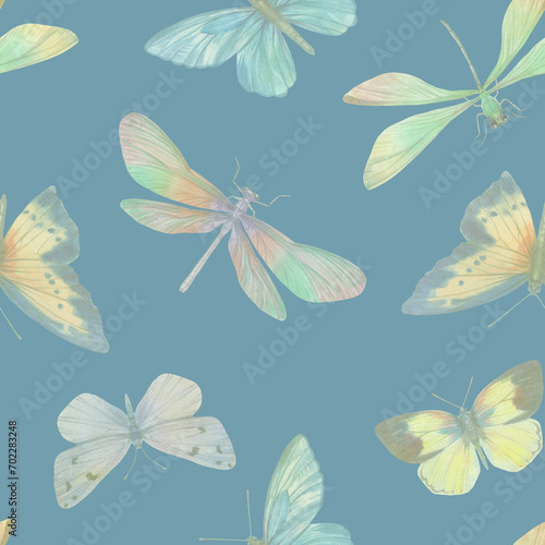 seamless pattern of delicately colored butterflies and dragonflies on a light blue background.