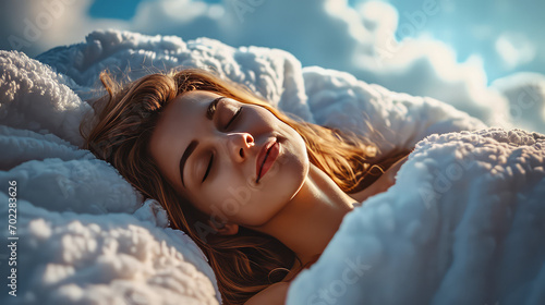 Young smiling woman face, sleeping on white bed linen, with yamn pillow and blanket on the background of blue sky and clouds. Creative concept of goods for comfortable sleep and rest.
