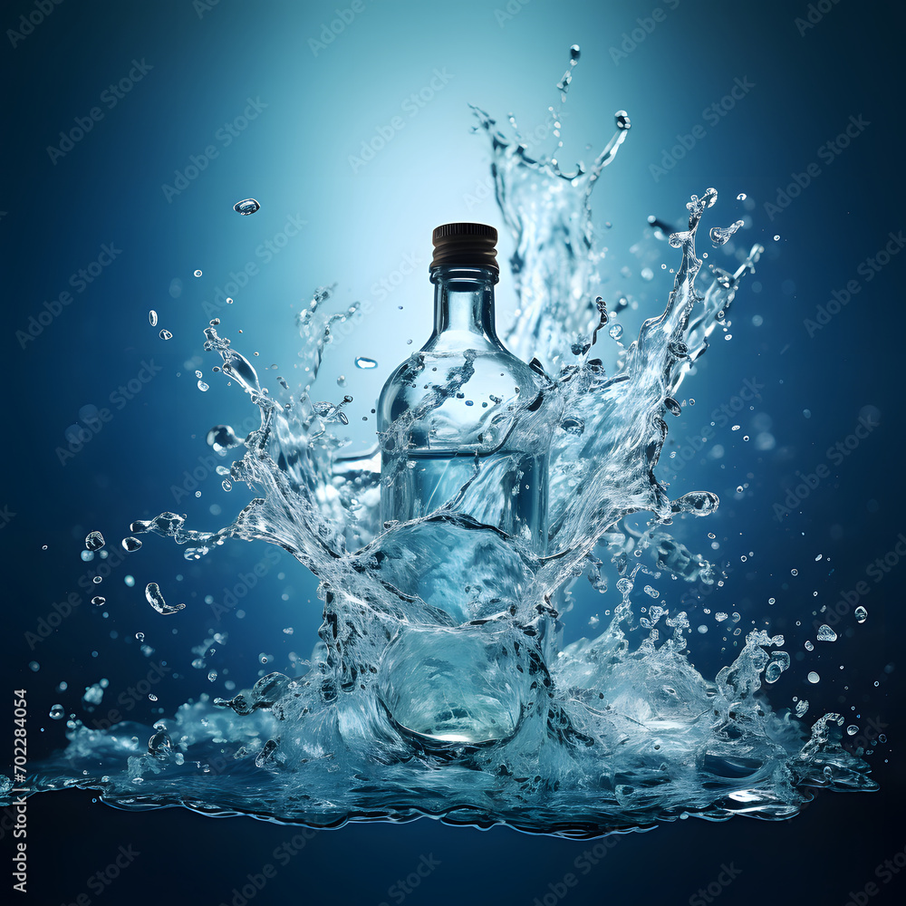 Close-up of the empty bottle with the abstract water splash. Close-up of the empty bottle with the abstract water splash.