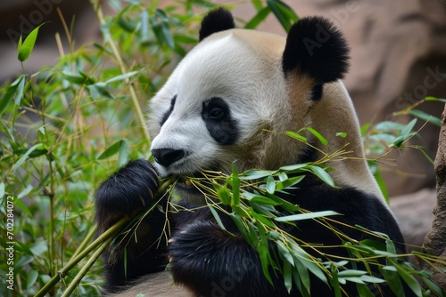 Cute wild panda eats bamboo. AI generative