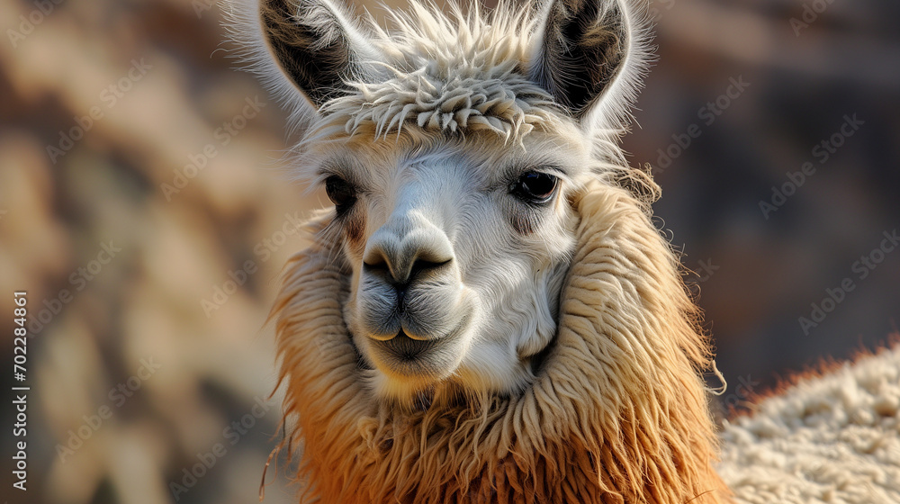 A charming alpaca with a thick, fluffy coat looks directly at the camera.