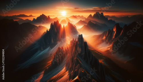 A high-quality, sharp, and well-focused image of a sunrise in a mountainous landscape. © FantasyLand86