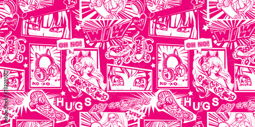 Pink monochrome girlish ornament with manga set girl eye, face, skateboard, headphones cat ears, skate rollers. Vector seamless pattern with anime girl face emotion, big asian eyes. 