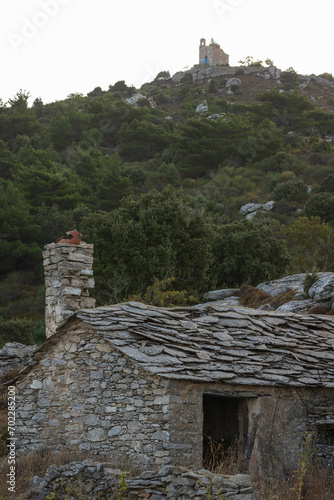 Old abandoned traditional Ikarian stone house in the remot mountain village of Kouniado near Vrakades, Ikaria, Greece. photo