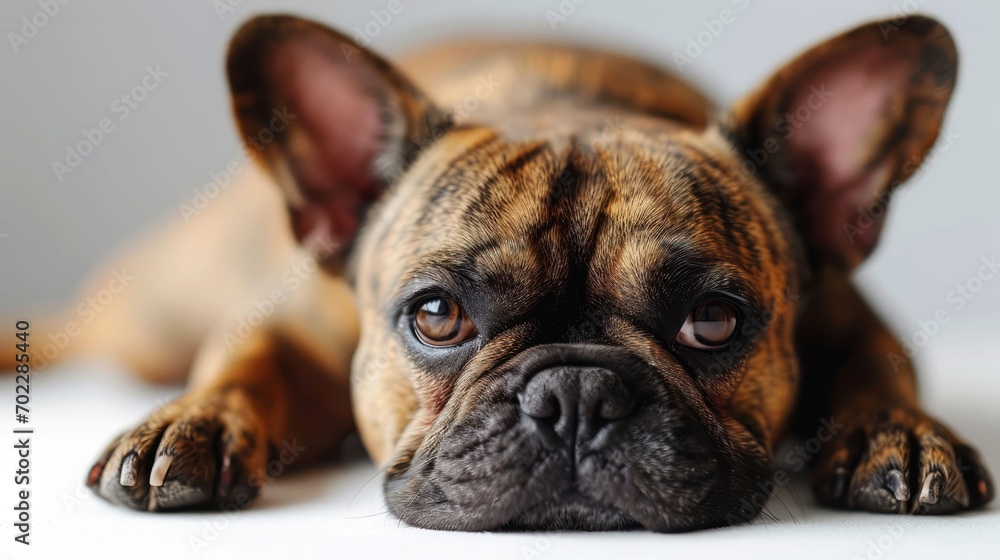 Cute young french bulldog lying down on white background
