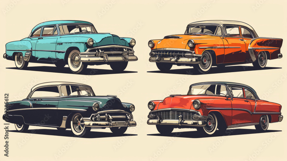 Set of four classic old muscle cars as vintage illustration
