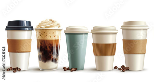 Set of different recyclable coffee cups on isolated background photo