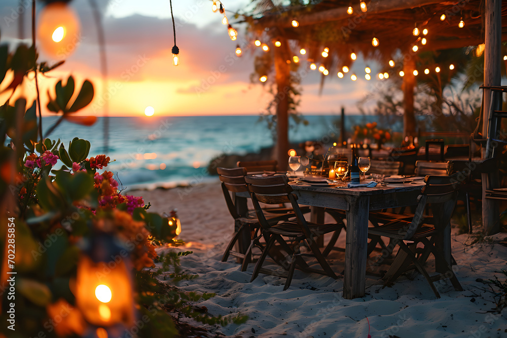 The sun is setting and the restaurants are getting ready. For dinner for special guests or couples. - obrazy, fototapety, plakaty 