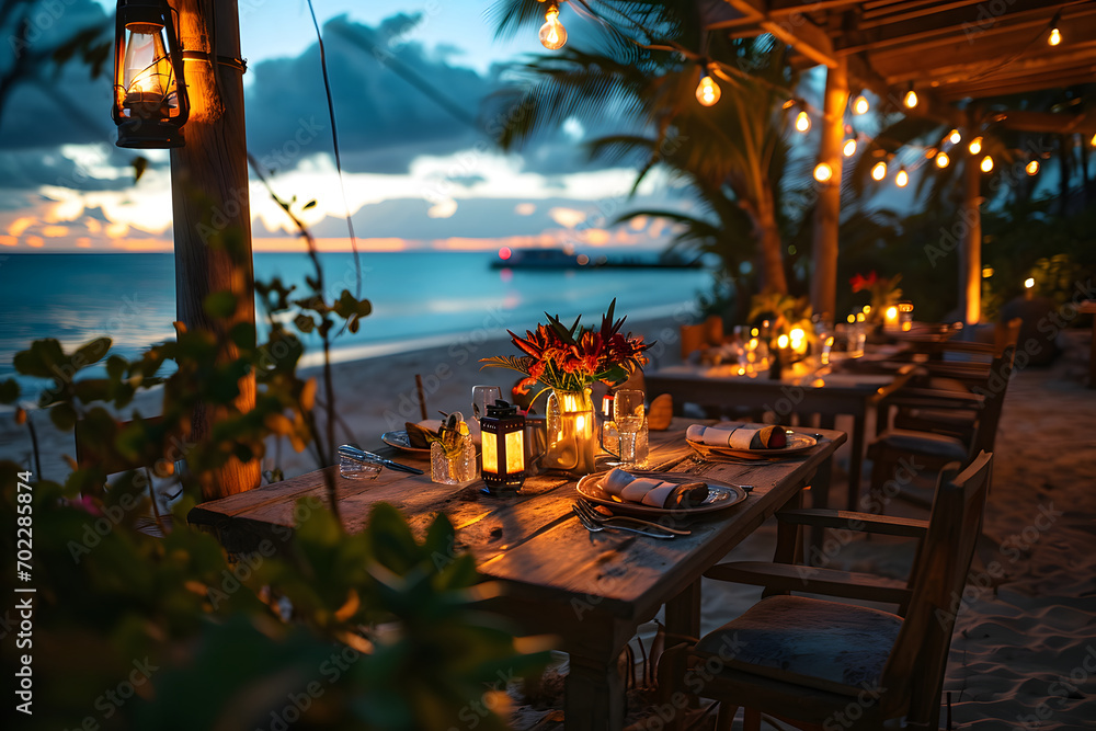 Romantic Seaside Dining: As dusk falls, a table set for two awaits a couple, offering a feast accompanied by the whisper of waves.