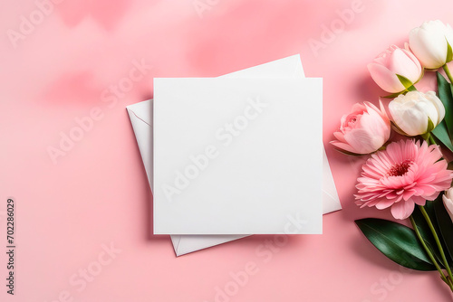 Blank paper greeting card with flowers on light pink background. © elena_hramowa