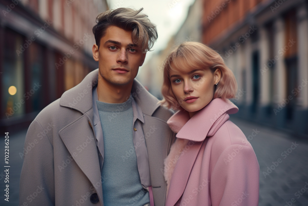 Man Wearing A Grey Coat And Woman In Pink Jacket Man Wearing A Grey Coat And Woman In Pink Jacket