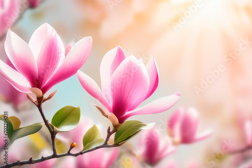 Closeup of blooming magnolia tree in the spring sun rays in spring. © elena_hramowa