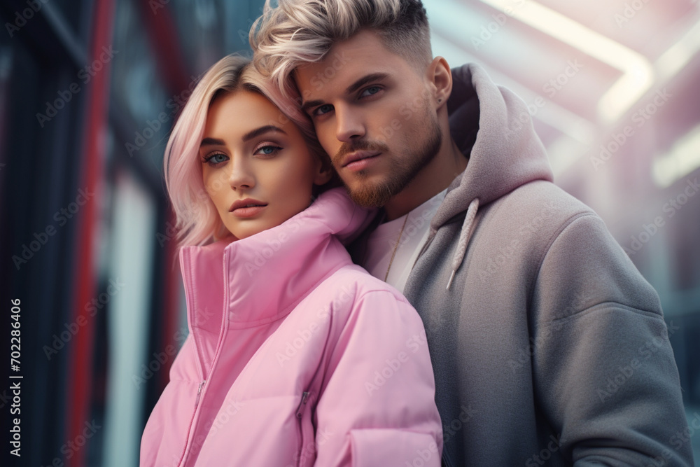 Obraz premium Man Wearing A Grey Coat And Woman In Pink Jacket