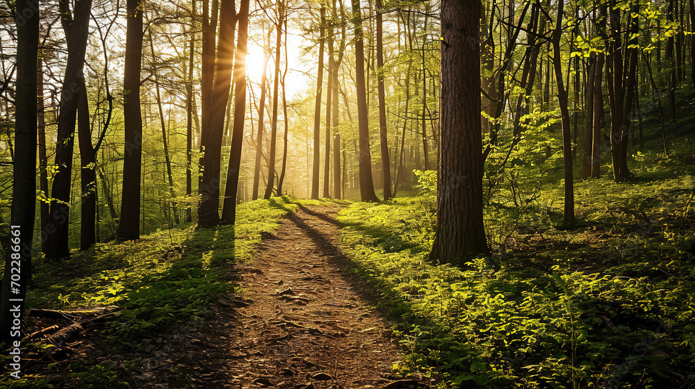 Spring forest with lush green leaves on trees, and green grass, plants on the ground. Sun shining through the trunks, branches. Welcoming the new season, renewal of nature. Trail outdoors.