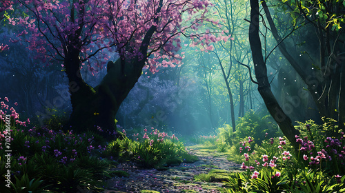 Magical spring forest, enchanting wood in pink, green hues and with blue light coming trough the trees, blossoms. Dream of beautiful nature, season renewal. Background.