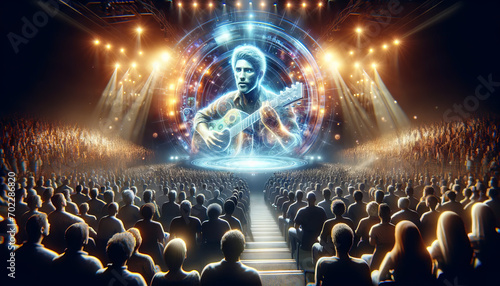 An image of a virtual music concert with a live hologram of a performer.