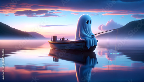 A whimsical animated art style image of a ghost peacefully fishing on a serene lake at dawn. photo