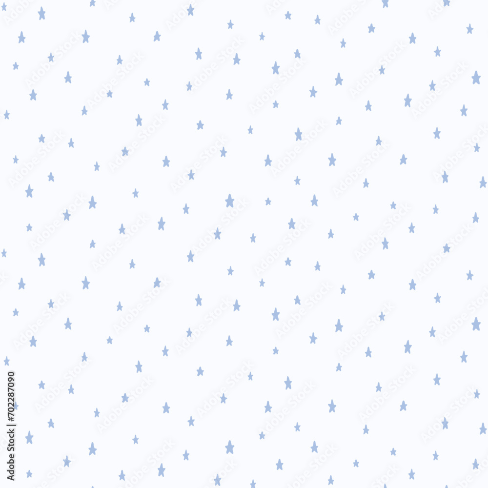 Scattered Stars, a seamless vector pattern with cute hand-drawn stars in periwinkle blue scattered across a cloud blue background. Simple, playful design perfect for boy’s nursery, kids decor and clot