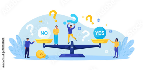 Businessman standing near big scales with No and Yes signs.