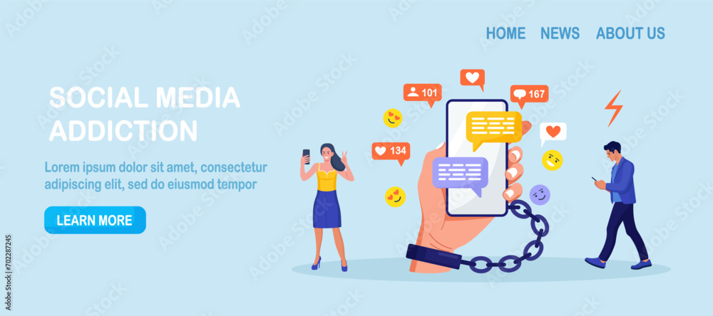 Social media addiction. People addicted to smartphones. Man, woman holding phones, surfing internet, chatting. Hand with handcuff chained with phone