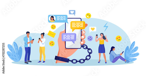 Social media addiction. People addicted to smartphones. Man, woman holding phones, surfing internet, chatting. Hand with handcuff chained with phone