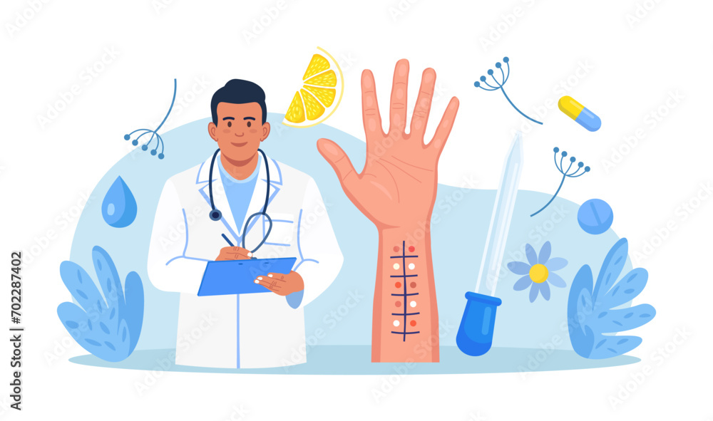 Allergy test. Patient hand with incisions for testing for allergens. Laboratory equipment for analysis. Allergic reaction. Allergology, immunology Allergy test. Patient hand with incisions for testing for allergens. Laboratory equipment for analysis. Allergic reaction. Allergology, immunology