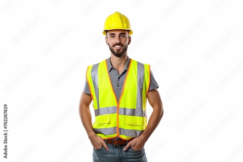Construction worker, engineer with a safety vest and hardhat on white background. contractor or architect in planning or renovation. ai generative Construction worker, engineer with a safety vest and hardhat on white background. contractor or architect in planning or renovation. ai generative