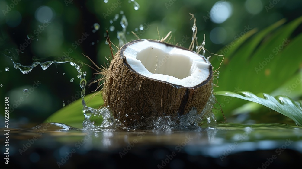 Fresh raw coconut with palm leaves Fresh raw coconut with palm leaves