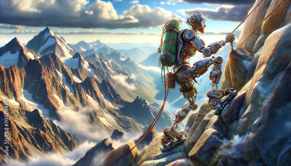 A whimsical, animated depiction of a mountain climber cyborg scaling a treacherous mountain peak. - obrazy, fototapety, plakaty 
