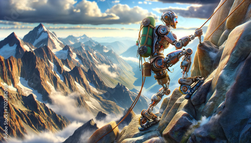 A whimsical, animated depiction of a mountain climber cyborg scaling a treacherous mountain peak. © FantasyLand86