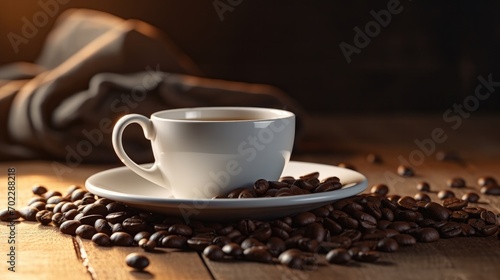 Warm inviting coffee scene with white cup beans on wooden table against dark backdrop © Boris