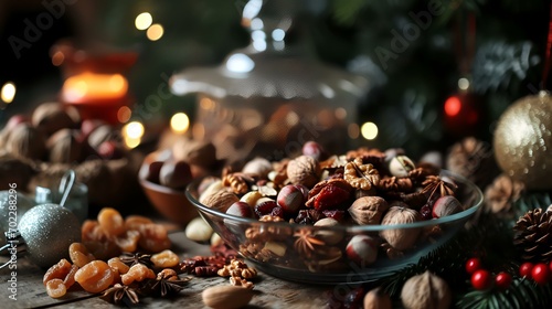 Christmas composition with nuts and dried fruits on wooden table, closeup