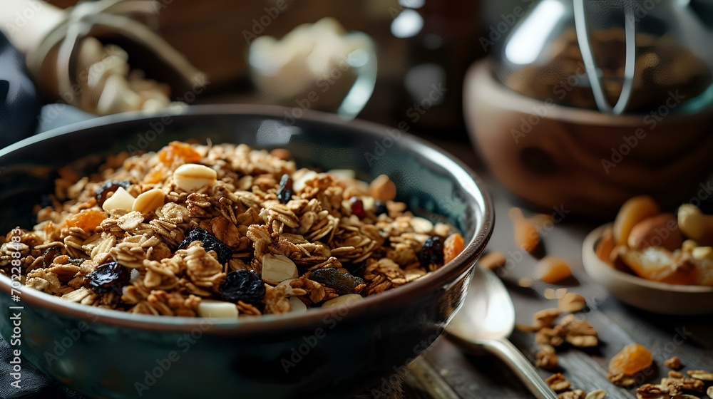 Homemade granola with nuts and raisins, selective focus Homemade granola with nuts and raisins, selective focus