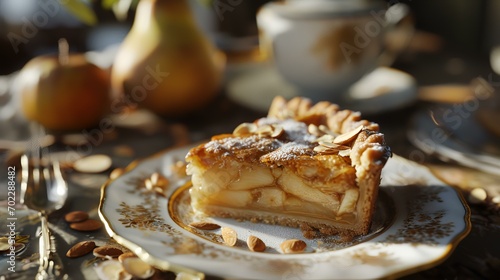 Delicious apple pie on wooden table, closeup. Delicious dessert