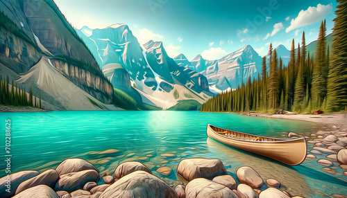 A whimsical animated art style scene of a serene lake in the Canadian Rockies.