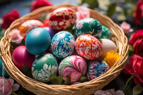 Colorful Easter Eggs in a Wicker Basket.