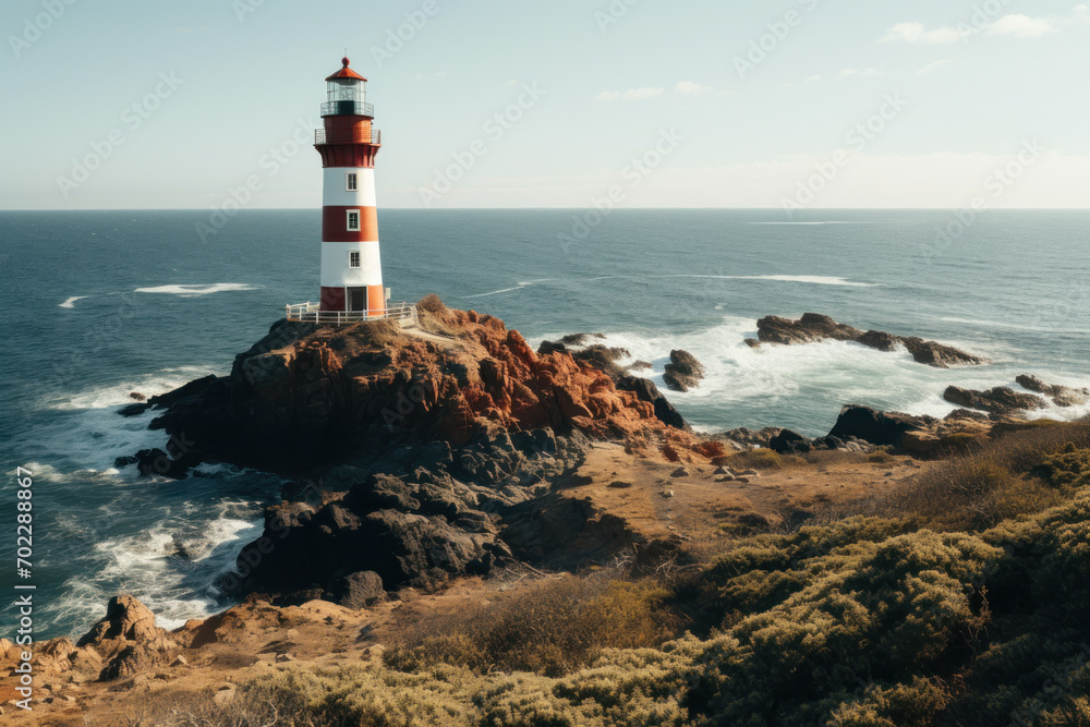 Lighthouse on Rocky Cliff with Ocean View.