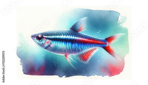 Dettagliata rappresentazione ad acquerello di un Neon Tetra (Paracheirodon innesi), con un focus sulle intricate pattern e vivaci colori blu e rossi.
 photo