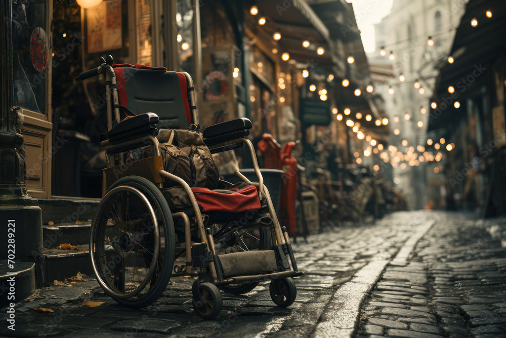 Obraz premium Empty Wheelchair on Cobblestone Street at Dusk.