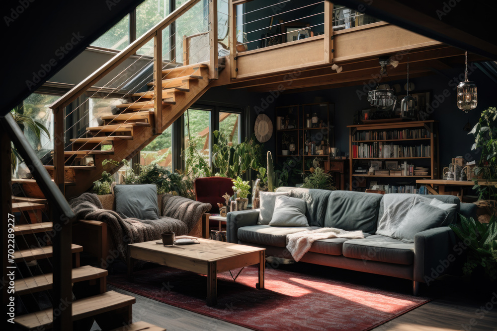 Spacious Loft Interior with Cozy Living Area. - obrazy, fototapety, plakaty 