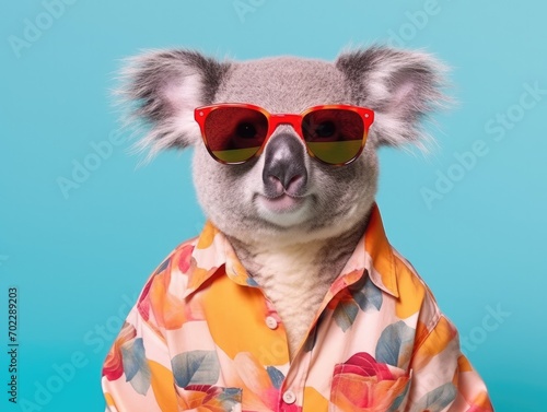 Cute gray fluffy koala in sunglasses and colorful © Boris