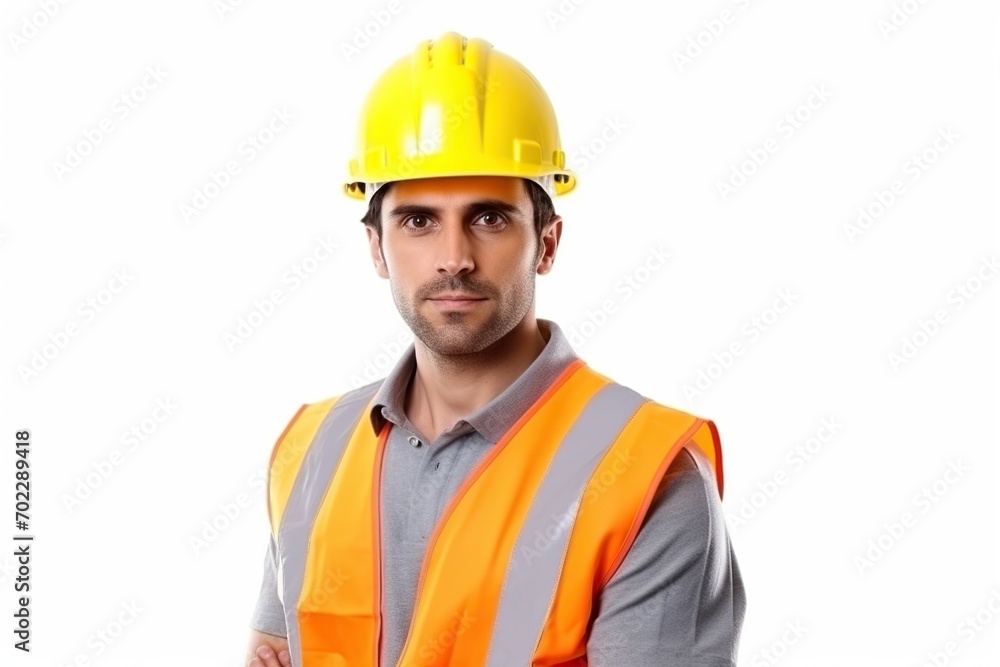 Construction worker, engineer with a safety vest and hardhat on white background. contractor or architect in planning or renovation. ai generative Construction worker, engineer with a safety vest and hardhat on white background. contractor or architect in planning or renovation. ai generative