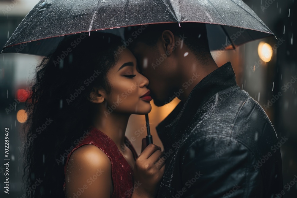 Interracial couple kissing in rain - obrazy, fototapety, plakaty 