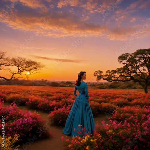 Sun-Kissed Petals: Young Girl Capturing the Last Light with Flowers" "Blossoms in Twilight: Sunset Harmony with a Girl and Bouque Ai generative