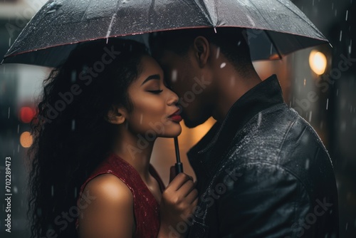 Interracial couple kissing in rain