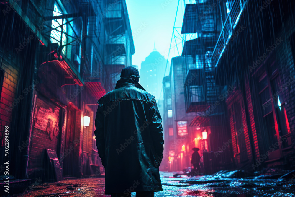 Mysterious Figure in Rainy Cyberpunk Alley. Mysterious Figure in Rainy Cyberpunk Alley.