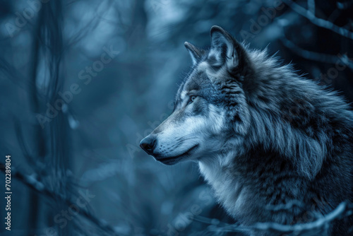 A gray wolf in the soft glow of the moonlight