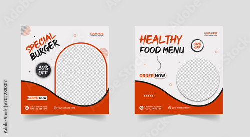 Fast food restaurant business marketing social media post or web banner template design with abstract background, logo and icon. Fresh pizza, burger & pasta online sale promotion flyer or poster.

