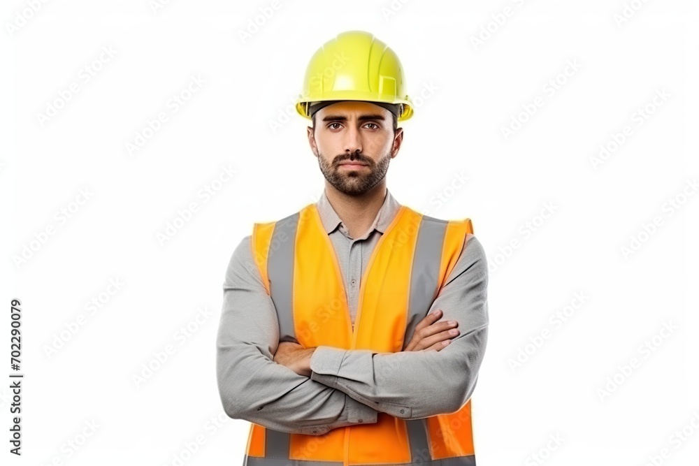 Construction worker, engineer with a safety vest and hardhat on white background. contractor or architect in planning or renovation. ai generative Construction worker, engineer with a safety vest and hardhat on white background. contractor or architect in planning or renovation. ai generative